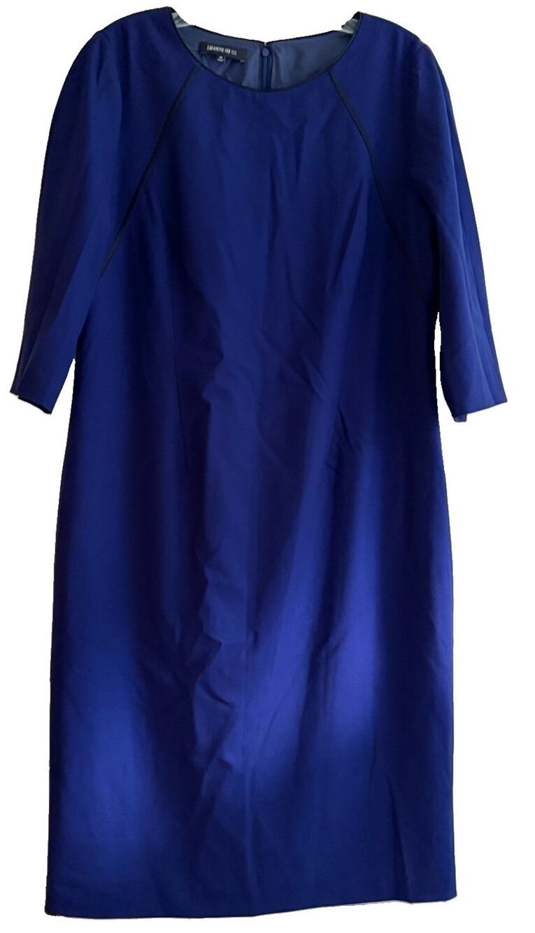 Lafayette 148 New York Dress 14 Blue Wool Stretch Sheath 3/4 Sleeve Career